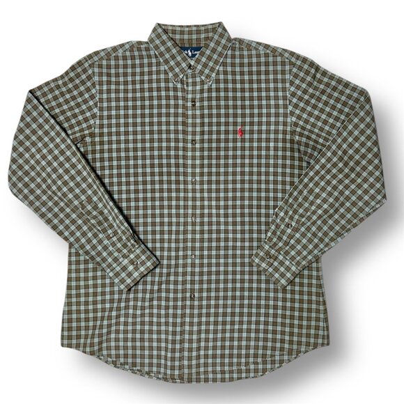 Ralph Lauren Men's L Custom Fit Brown Blue Plaid Long Sleeve Button Down Shirt - Picture 5 of 7